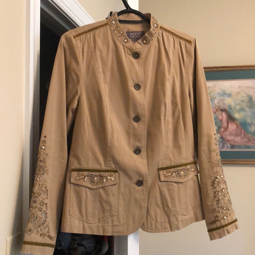 Fun jacket w/iridescent &Jade beading. Cotton